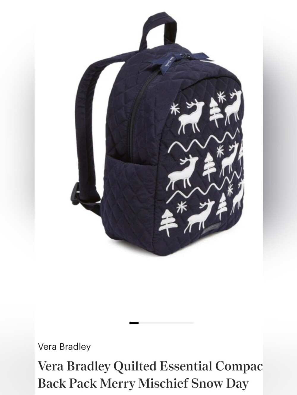 VERA BRADLEY " MERRY MISCHIEF SNOW DAY" MINI BACKPACK  IN NAVY BLUE AND WHITE.